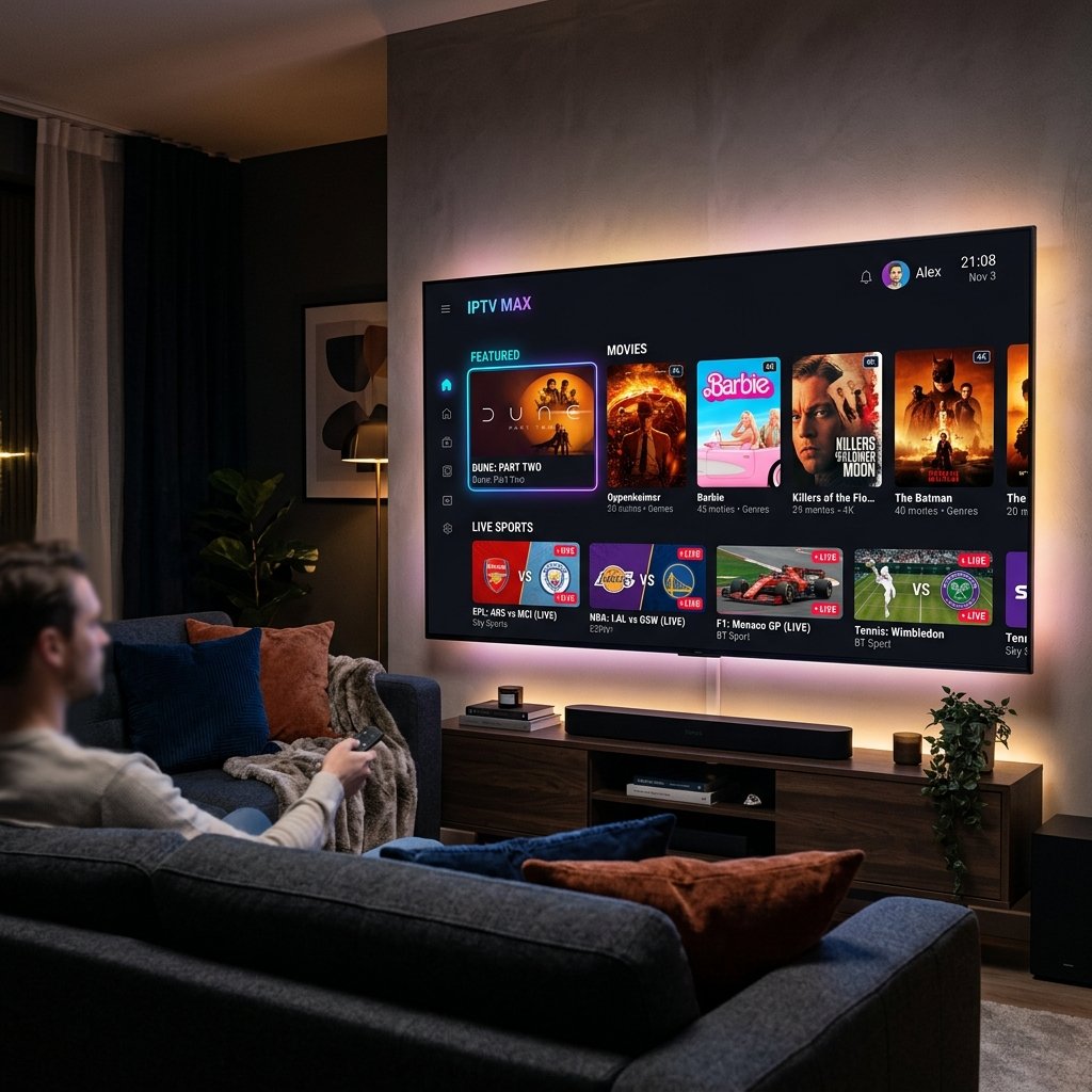 Interface moderna de Teste IPTV com filmes e esportes