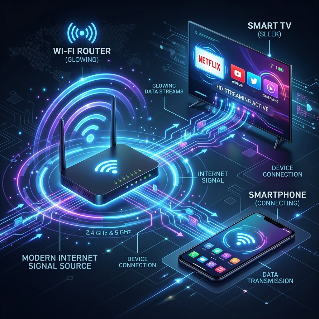Esquema explicativo de como a transmissão IPTV funciona pela internet
