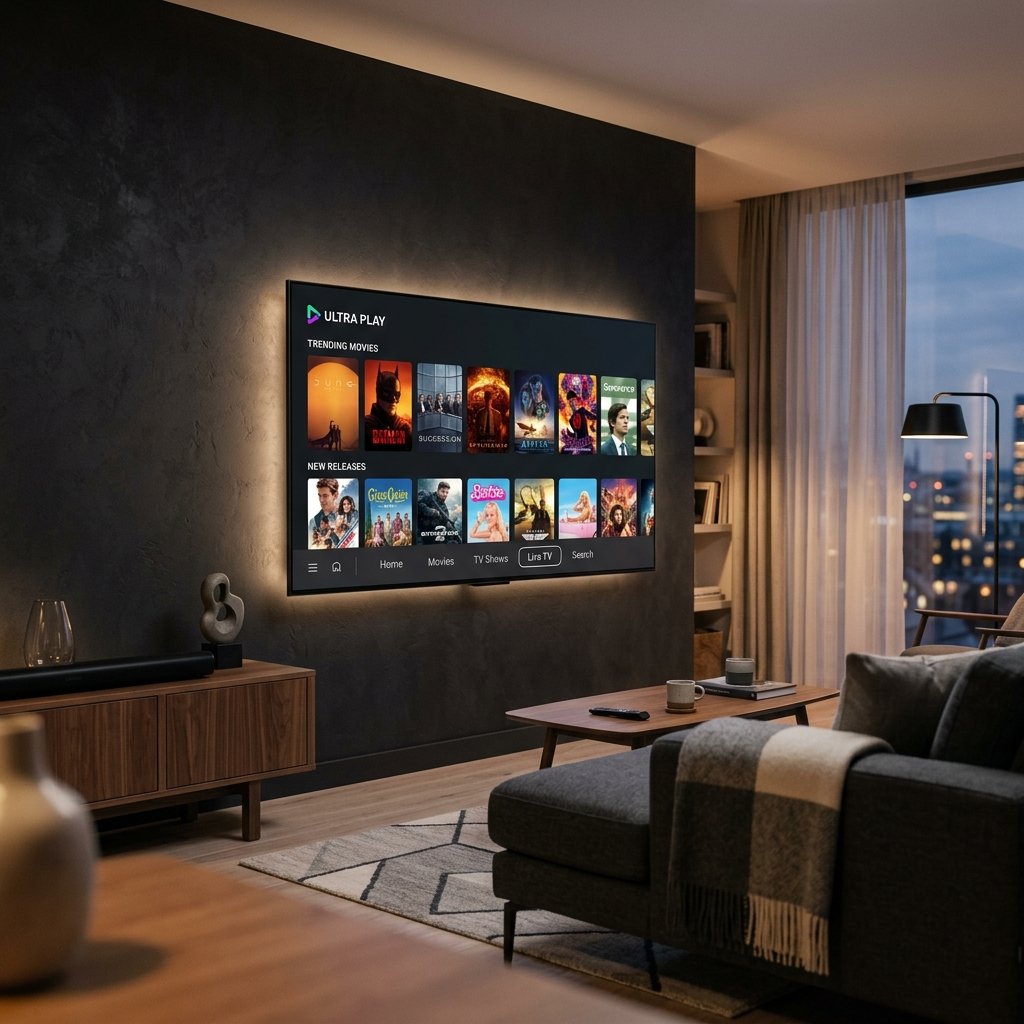 Interface de aplicativo IPTV em alta resolução rodando em uma Smart TV na sala de estar
