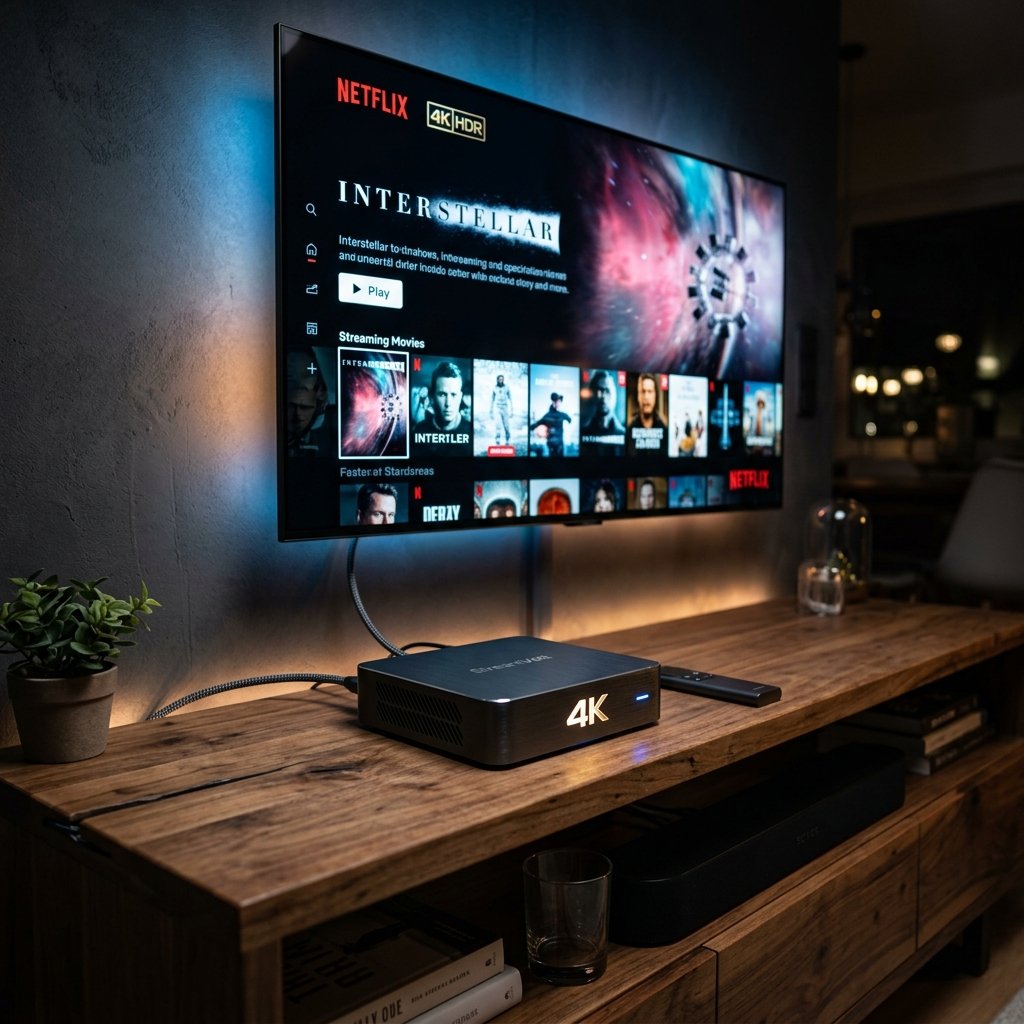 Aparelho TV box conectado à televisão transmitindo sistema Android IPTV