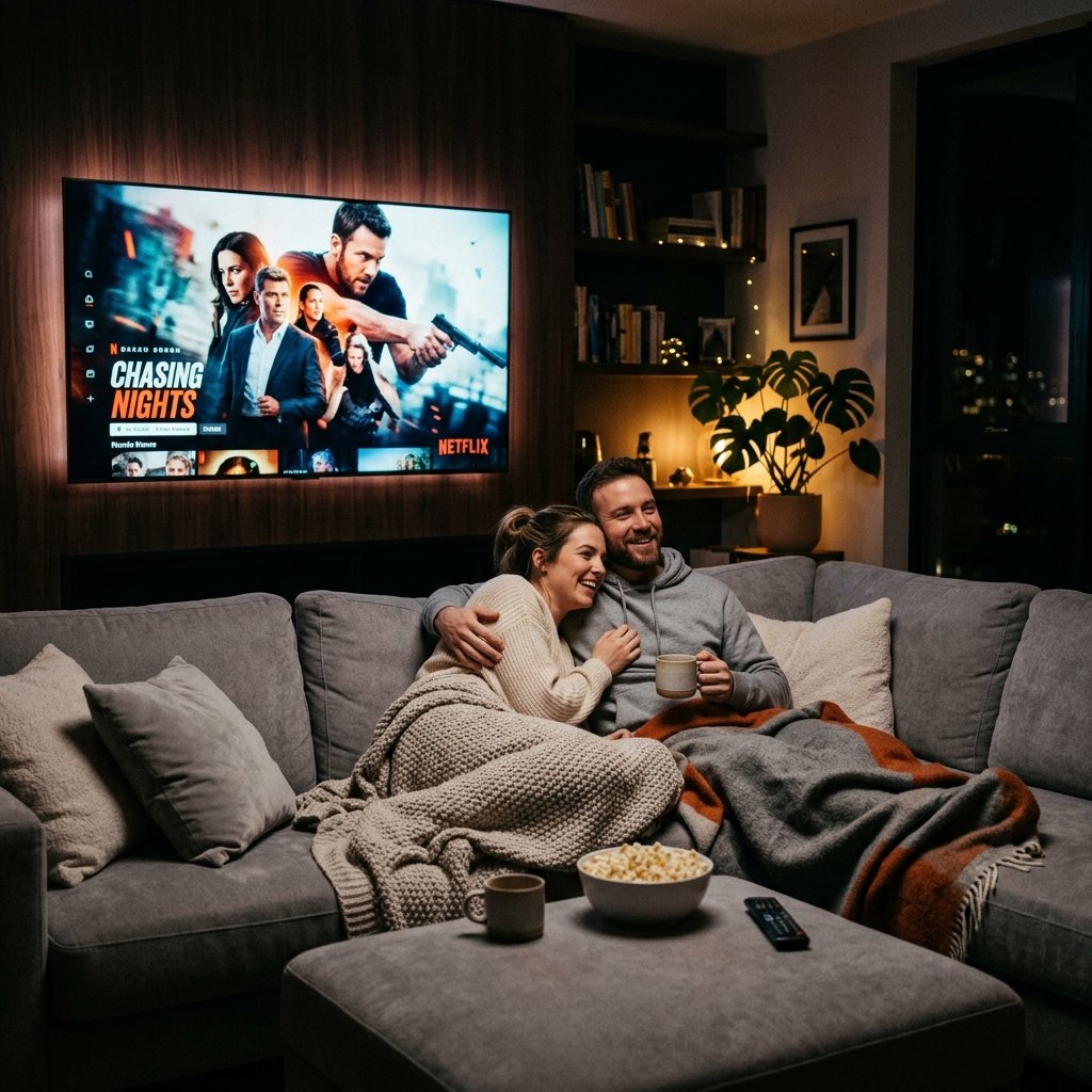 Pessoa utilizando a programação de filmes e séries da televisão no sofá da sala durante o final de semana